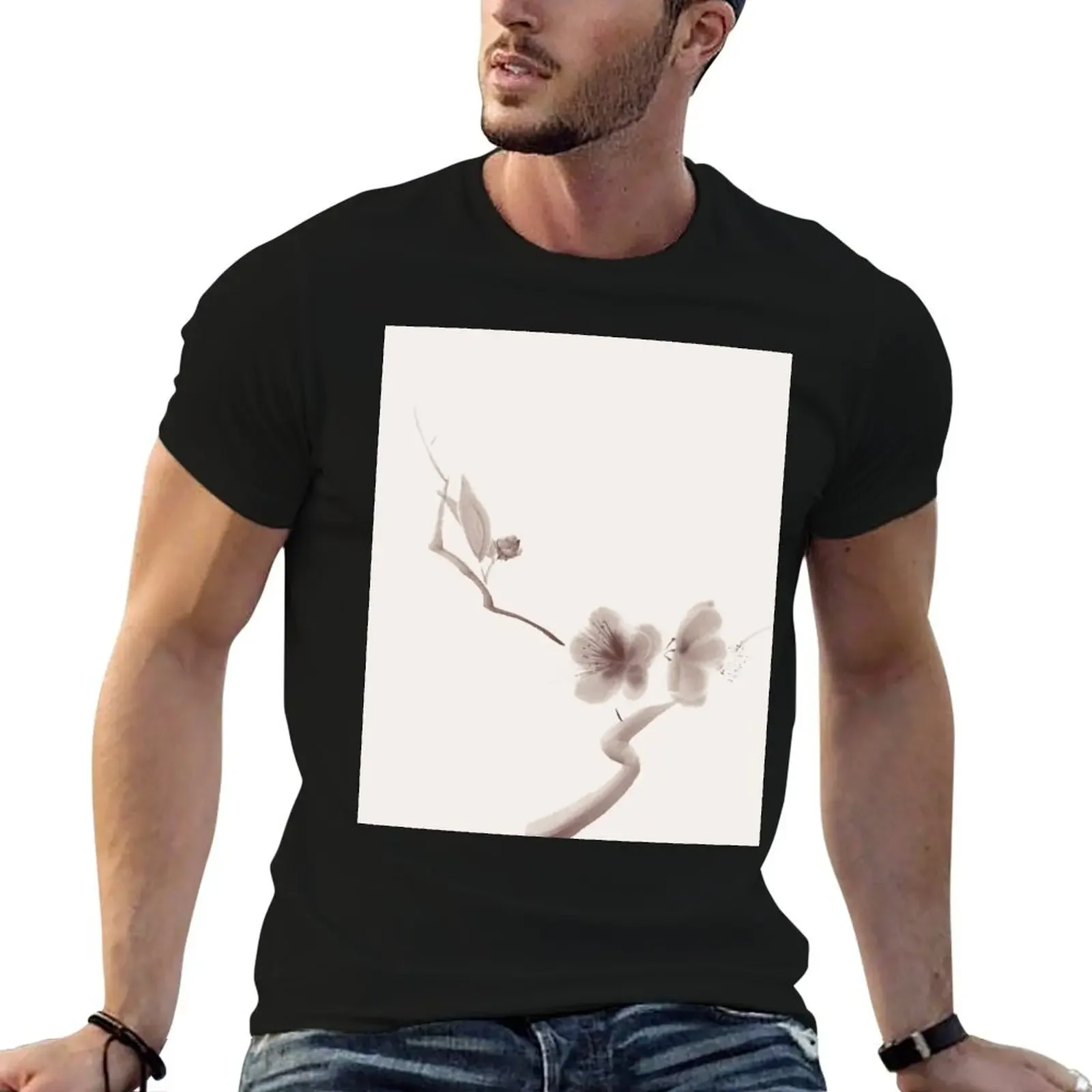 Two sakura flowers on a branch elegant illustration on on beige background art print T-Shirt