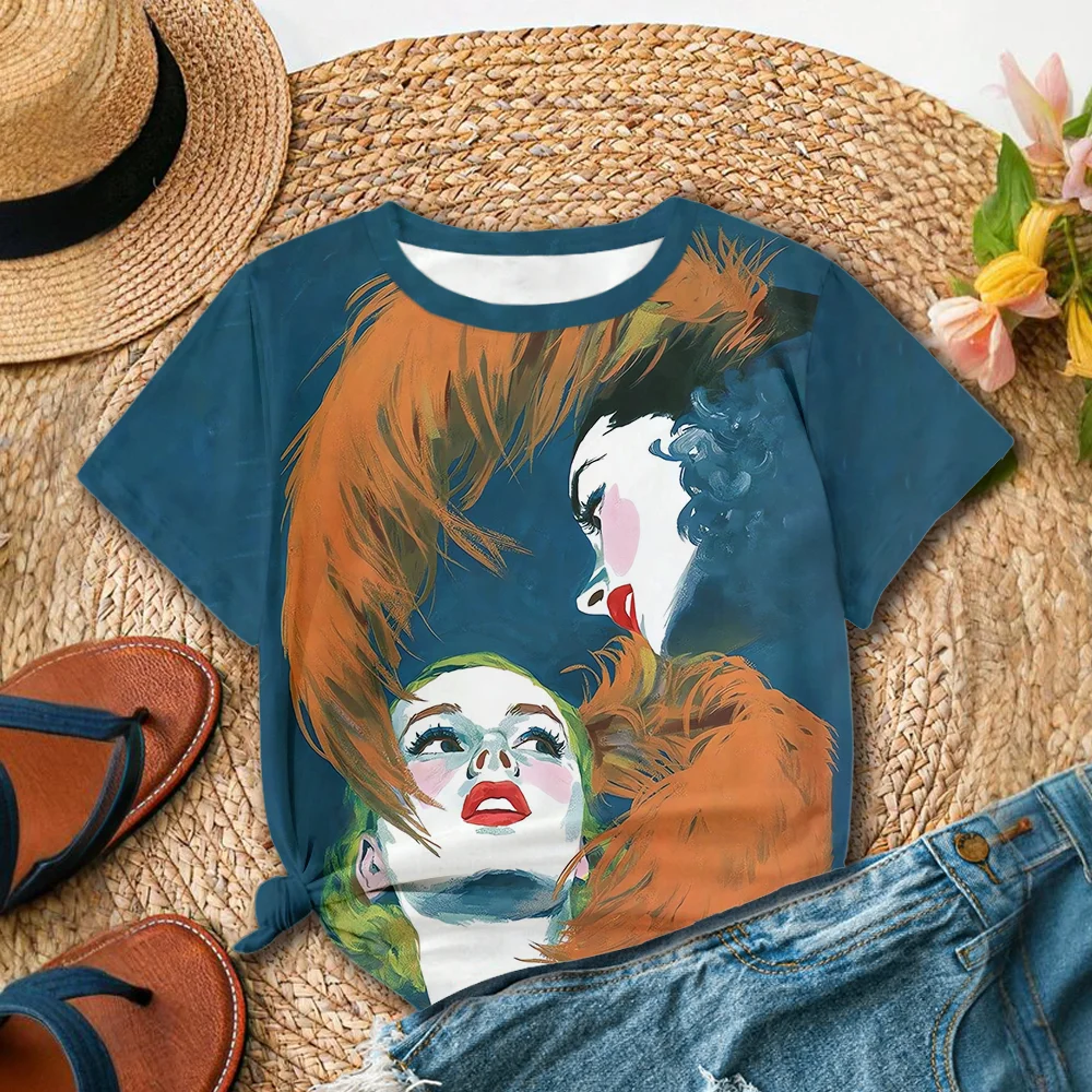 Camiseta con estampado de retrato femenino artístico azul naranja para mujer - Estilo artístico de ensueño informal de verano de manga corta