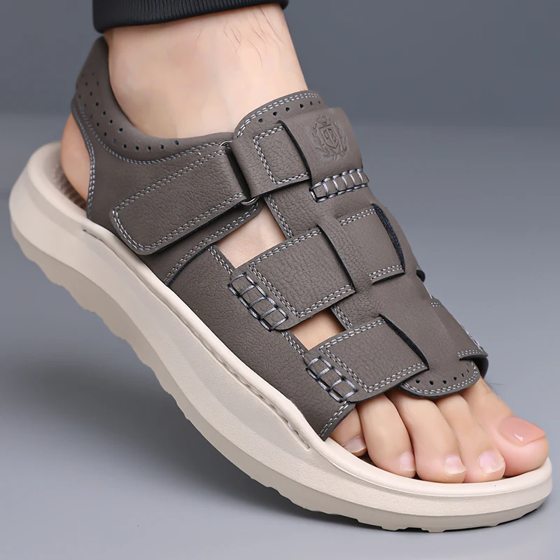 Men's Multi Strap Adjustable Velcro Back Strap Sandals, Hollow Cutout Perforated Rear Panel Open Toe Footwear, Thick Lightweight