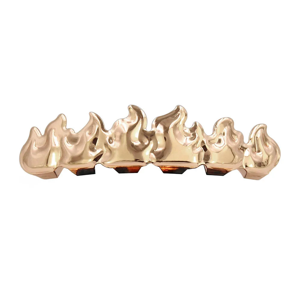 Banhado A Ouro Cor HIP HOP Dentes Grillz, Folha De Chama, Conjunto De Grelha Superior e Inferior, Dentes De Vampiro De Silicone, Presente De Natal