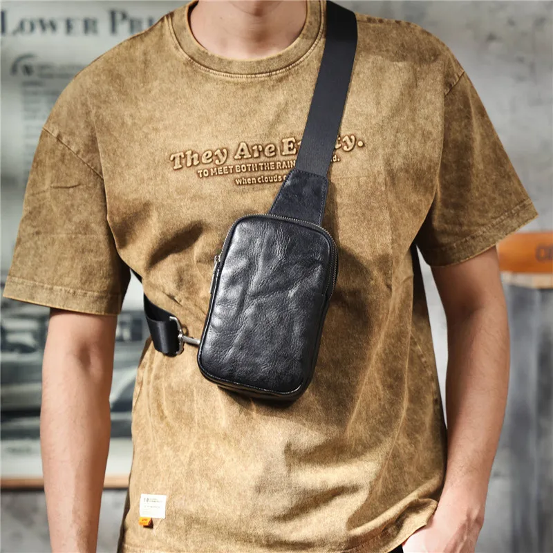 Saco de Peito Pequeno, Couro Genuíno Artesanal de Vaca, Bolsa de Ombro Casual Masculina, Plissada Preta, Designer, Luxo, Alta Qualidade