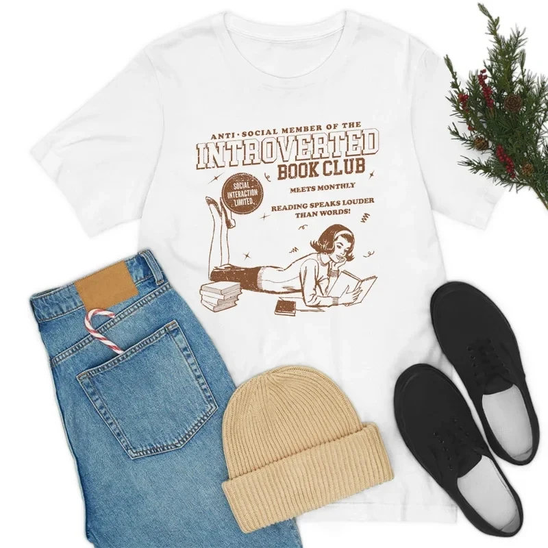 Introverted Book Club Retro T-Shirts Cute Aesthetic Bookish Cotton T-Shirt Bookworm Graphic Tees Women Vintage Tops Book Lover