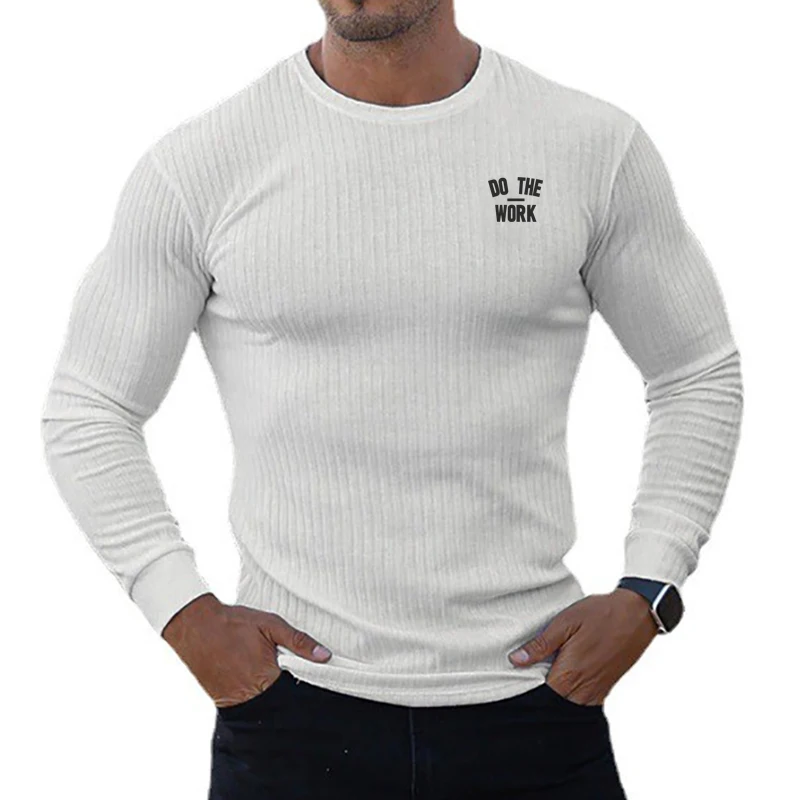 Mens Autumn Long Sleeve Knitwear Running Shirt Quick Dry Polyester Slim Fit Striped Gym Workout  Breathable Athletic Sports Wear