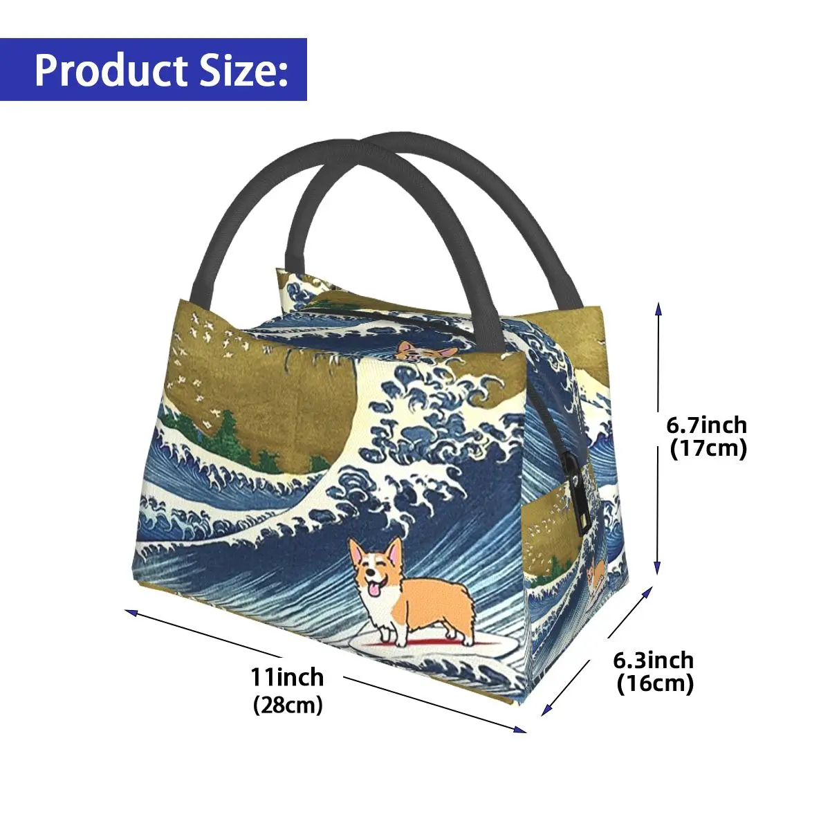 Corgi Dog Surfing The Great Wave Insulated Lunch Bag for Women Kids Portable Food Boxes Thermal Lunch Box Tote