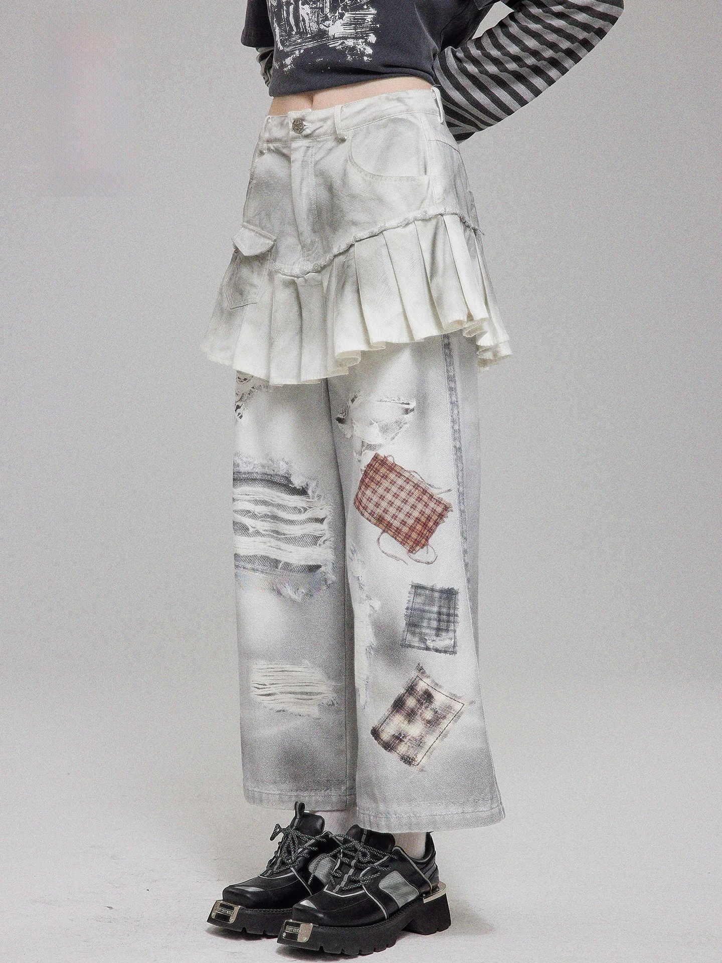 

Оригинальный дизайн, джинсовые джинсы Sensation с цифровым принтом, спрей Dir Watered, плиссированная юбка, брюки для женщин, панк-сле