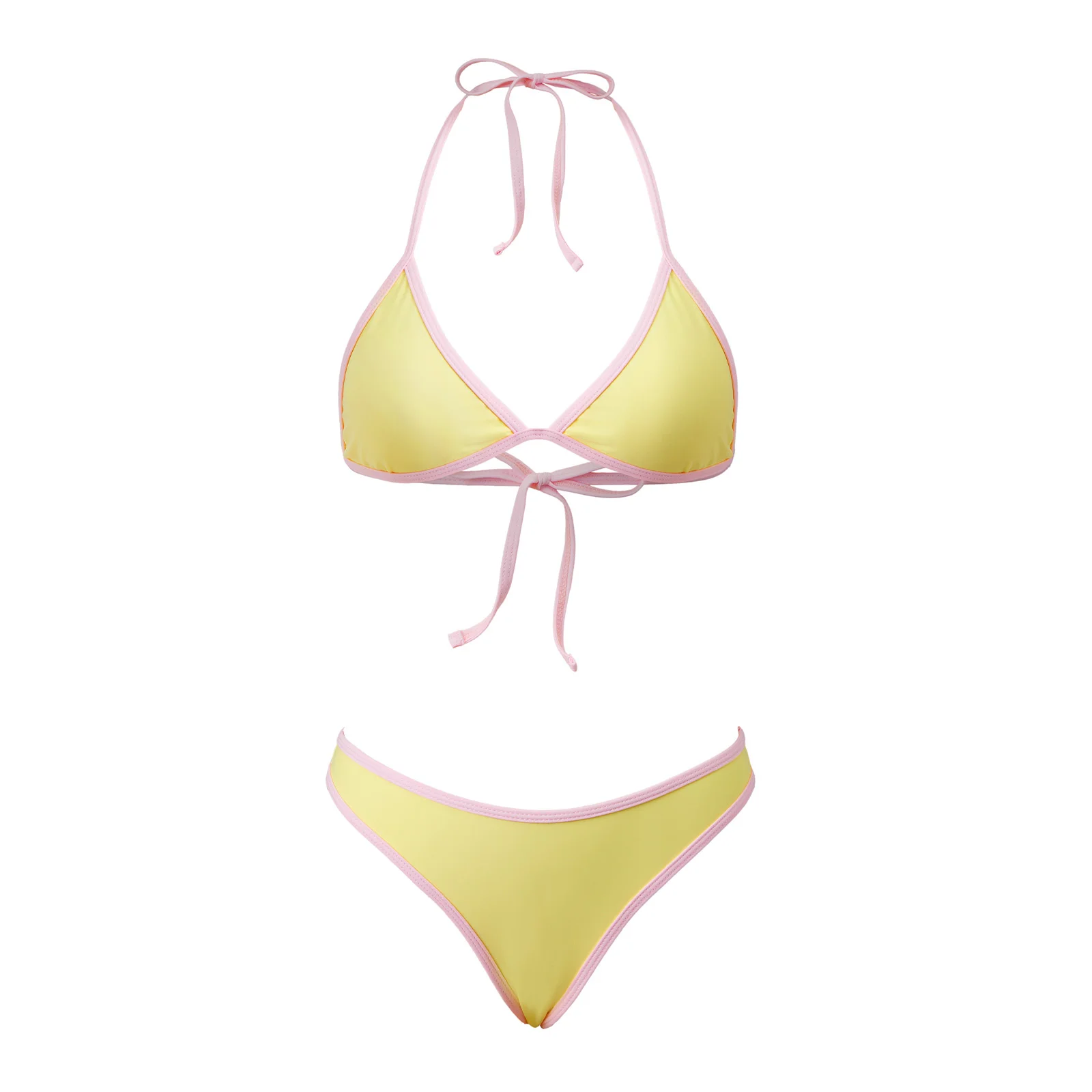 Women 2 Pieces Bikini Swimsuits Patchwork Tie-Up Halter Neck Sleeveless Bra Thong Bottoms Beach Bathing Suit Set