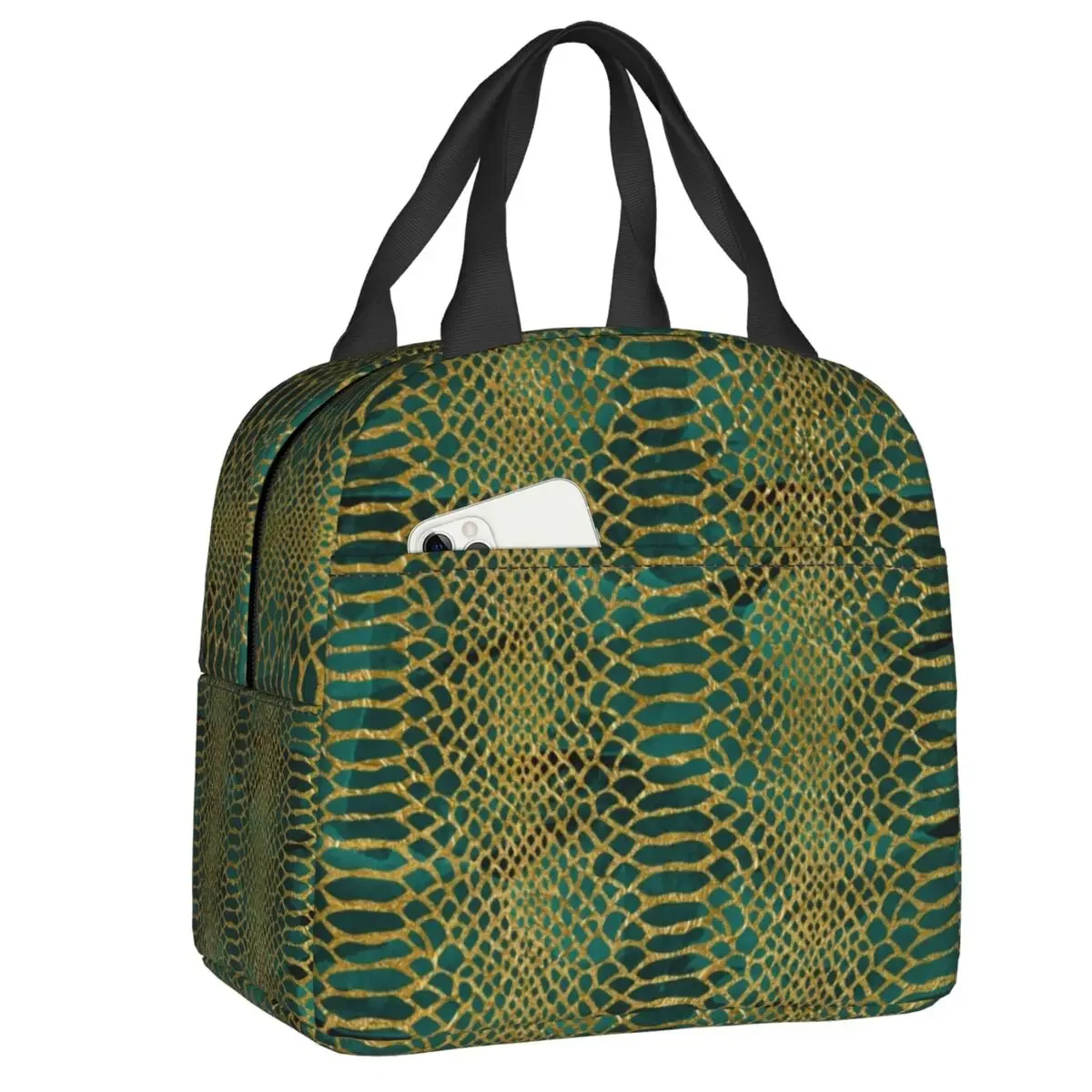 

Faux Croc Print In Gold Bottle Green Insulated Lunch Bag for Women Crocodile Skin Cooler Thermal Bento Box Office Picnic Travel