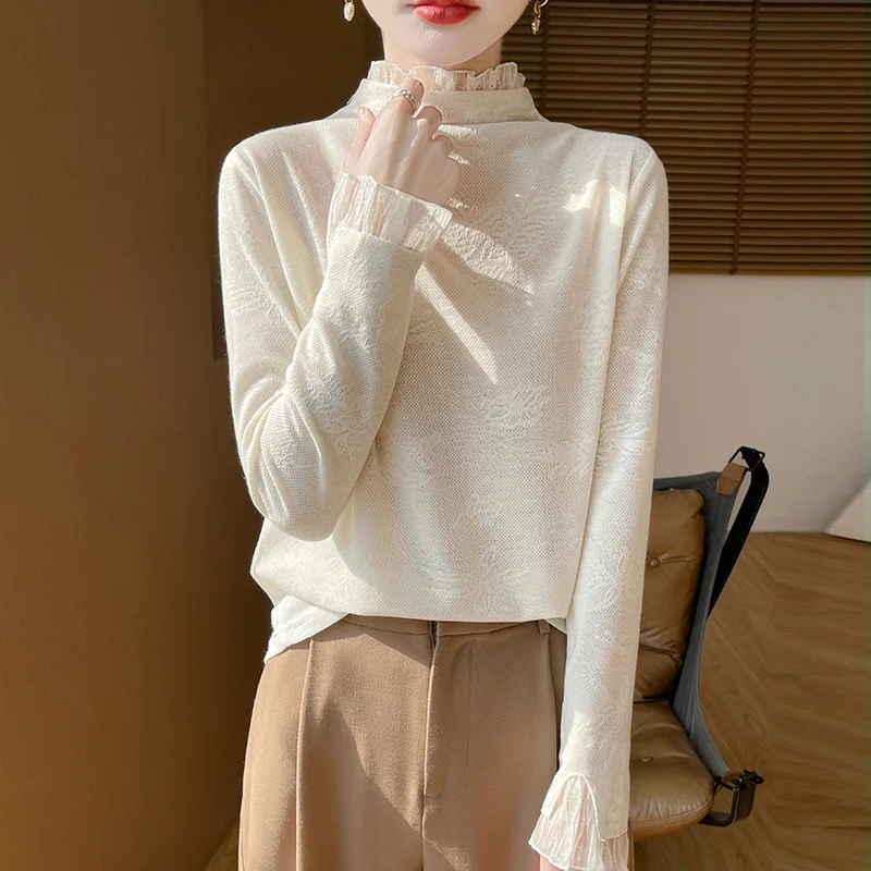 

Hollow Knit Sweater Fine Spun Wool Sweater Women's New 2025 spring Semi High Collar Lace Temperament Explosive Sweater SoftTop