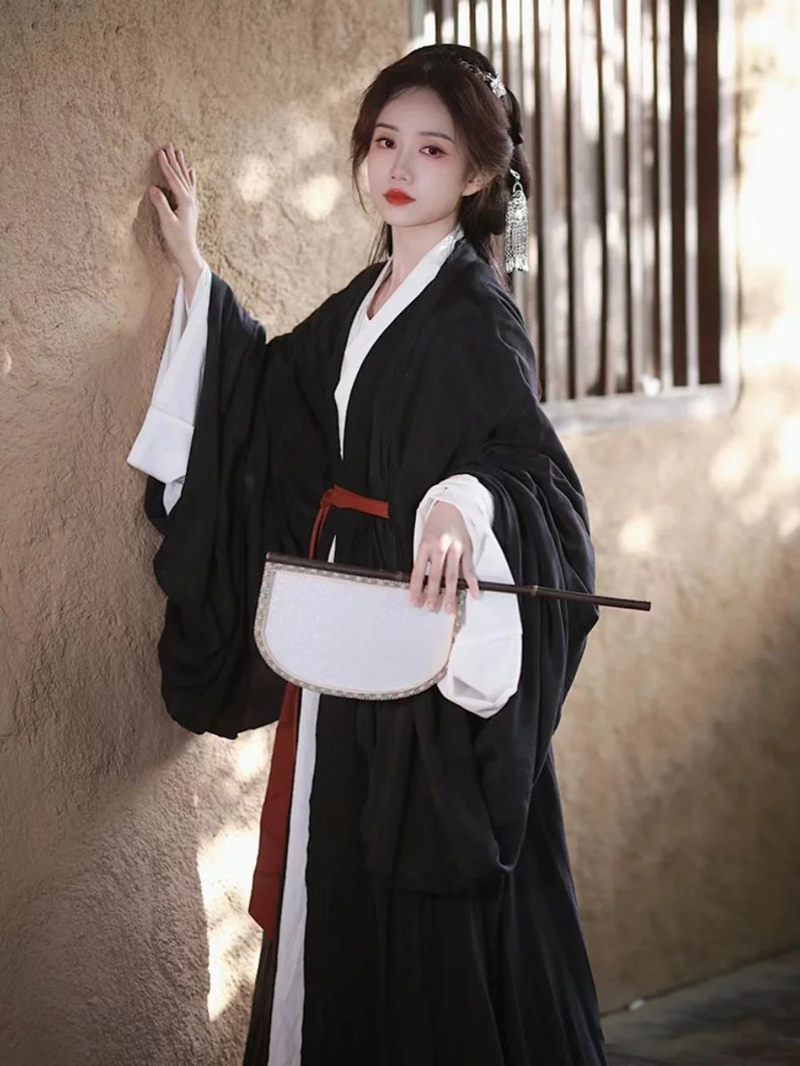 Vestido tradicional hanfu chinês para mulheres, conjunto preto hanfu, traje cosplay feminino halloween, roupa de festa de verão, tamanho grande, xl