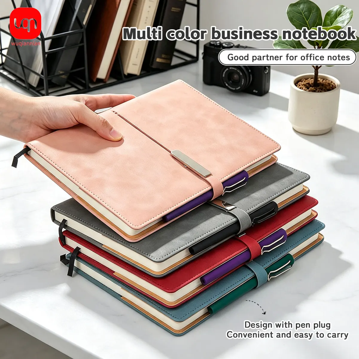 PU Business Notebook 0.7mm Gel Pen Set Notebook with Pen Holder, Strap Closure, Non-Slip Pen Grip, and Metal Pen Clip