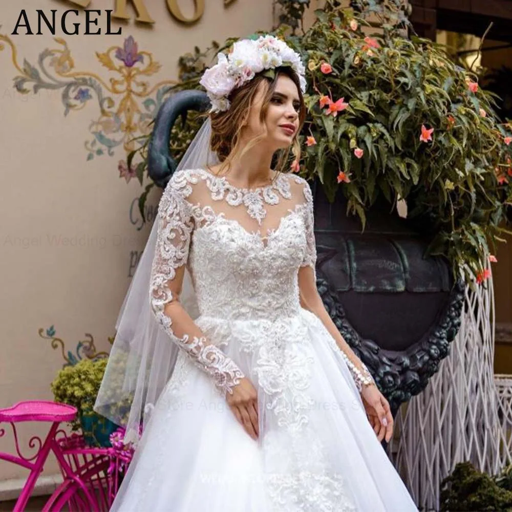 Anjo personalizado requintado vestido de casamento para noiva 2026 a linha ilusão o pescoço applique tule longo vestido de noiva novia