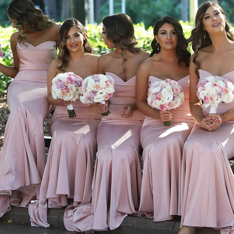 

Customized Pink Long Bridesmaid Dresses Mermaid Strapless Sleeveless Silk Satin Wedding Party Gown With Zipper Backless YBD52