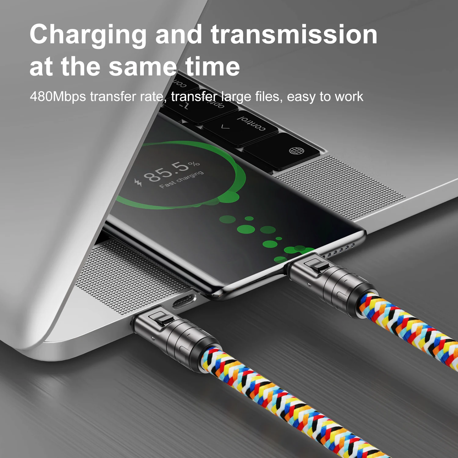 PD240W Fast Charging Cable 2 in 1 Universal Mobile Phone Lanyard Type C to USB C Cable Zinc Alloy Lock Neck Wrist Phone Strap