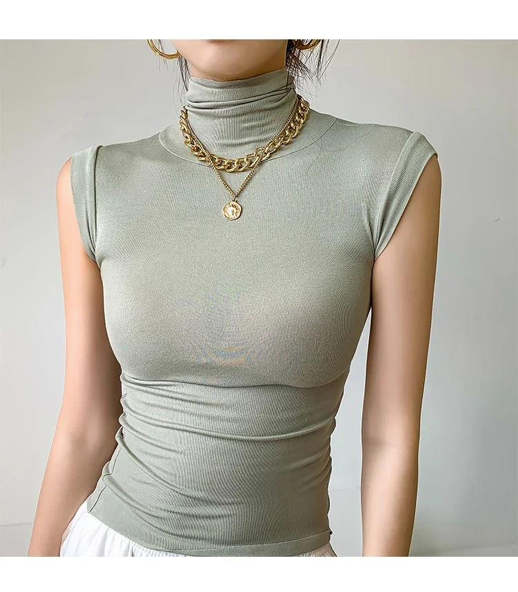 2026 Frühling Sommer Ärmelloses Rollkragen-T-Shirt für Damen Trendiges Vielseitiges Layering-Oberteil Stylisches Slim-Fit Basic-Unterhemd für Frauen – Detail 29