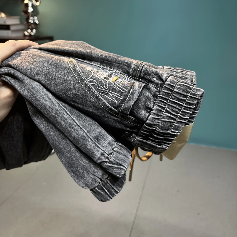 2024 New Ankle-Tied Jeans Men's Elastic Waist Design Fashionable Elastic Breathable All-Match Summer Thin Long