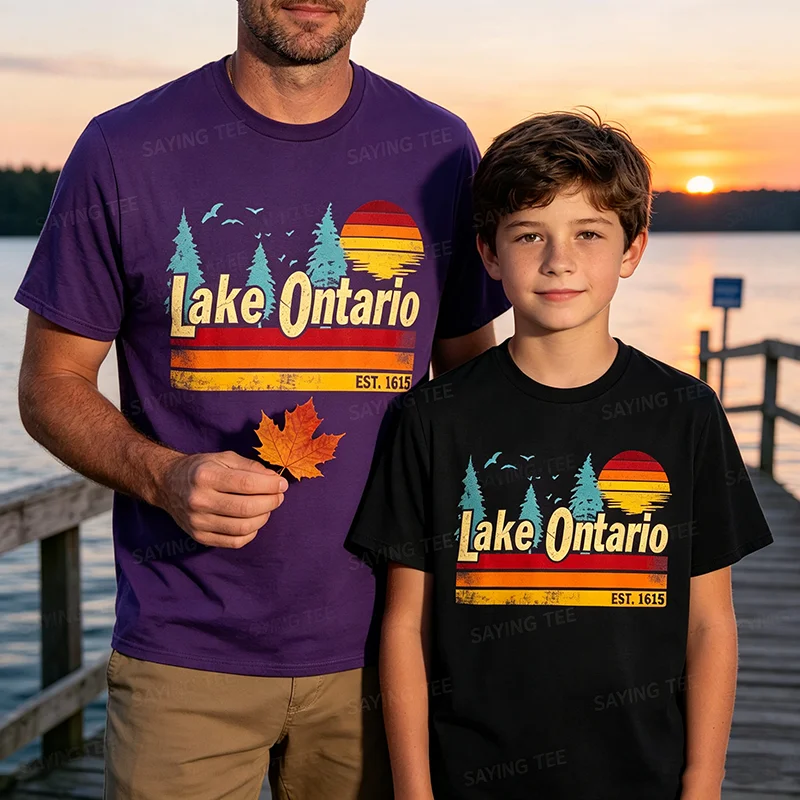 Ontario-See Vintage Sonnenuntergang Est. 1615 Herren Damen T-Shirt Y2k Seefahrten Outdoor-Urlaubskleidung Retro-Stil Bootfahren Angeln T-Shirts – Detail 4