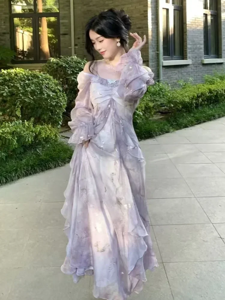 Evening Party Vestidos Female One Piece Dress French Fashion Vintage Printed Fairy Ruffles Midi Dresses Women Autumn New A-Line