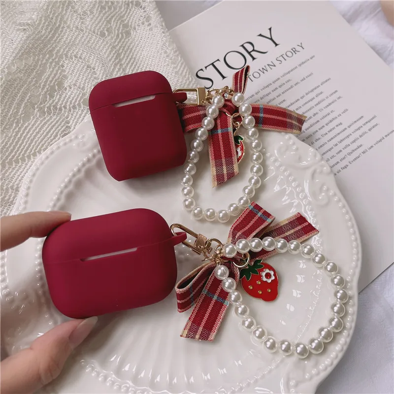 For AirPods 4 Case airpod pro 2 cover Luxury Retro Pearl /StrawberrySilicone earphone cover fundas Air Pods 3 Case with keychain