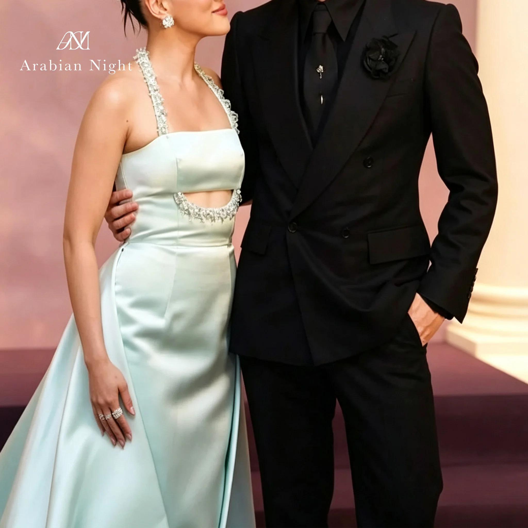 Light green strapless halter-neck fish tail floor-length formal evening dress with beaded large skirt panel