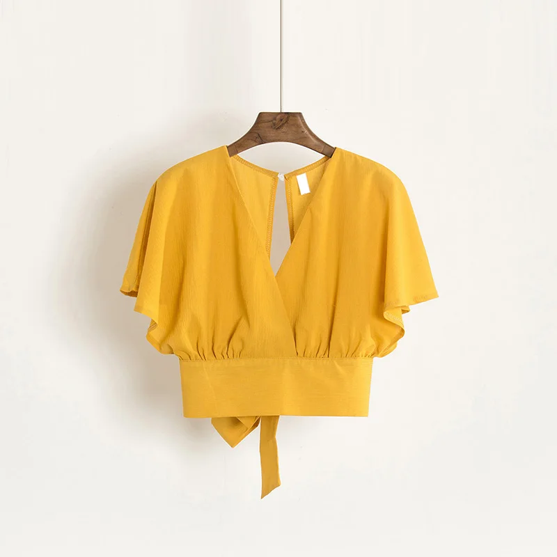 Sexy Summer Deep V-Neck Solid Color Shirts Women Korean Style Back Bow Lace-Up Women\'s Blouses Basic Short Slim Fit Tops