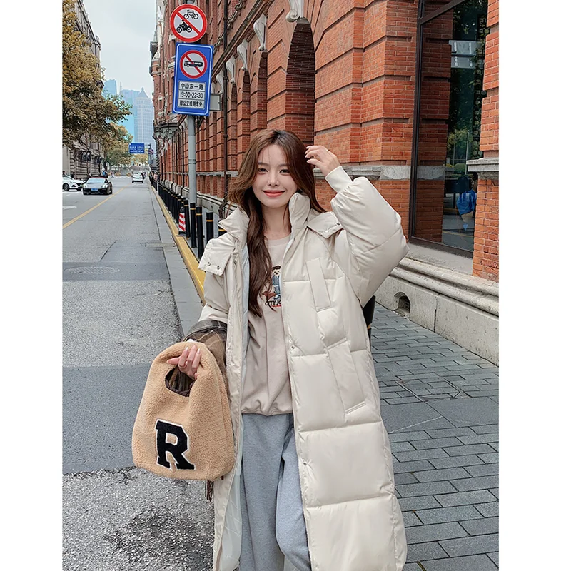 Women Brown Medium Length Down Black Jacket Hooded Coat Fashion Windproof Thicken Duck Down Feather Female Puffer Winter Outwear