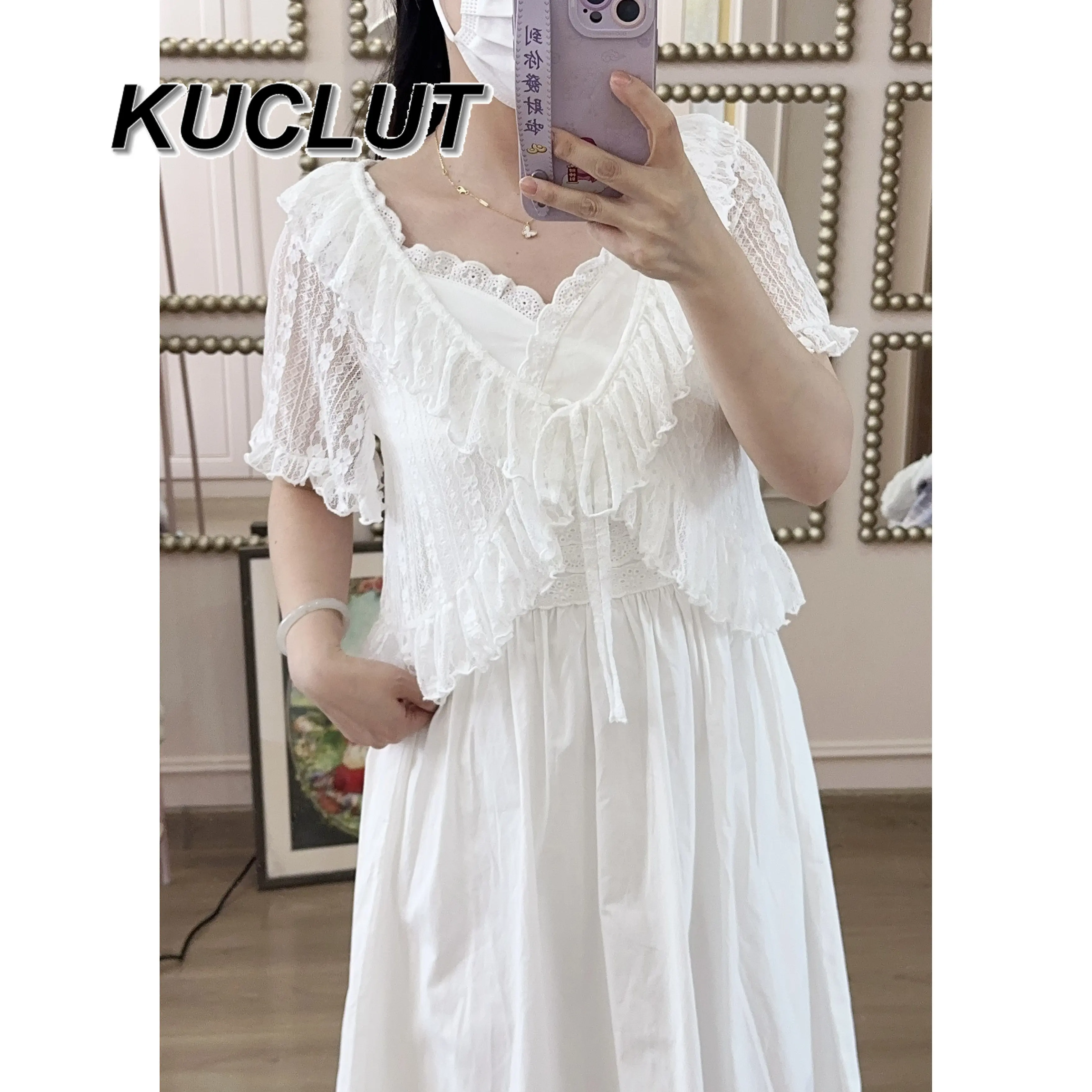 ฤดูร้อนใหม่ Little Fairy เสื้อสเวตเตอร์ถักหวานและน่ารักเสื้อลูกไม้ใหญ่ V คอเชื้อราขอบ ruffle Leaf Horn แขนเสื้อสั้น