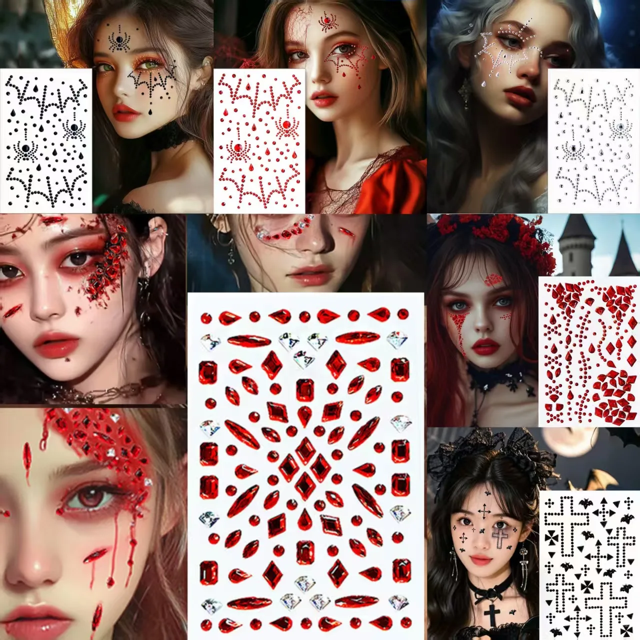 Red Black Halloween Face Stickers Diamond Shiny Gems for Scary Fake Blood Scar Wound Makeup Self Adhesive Craft