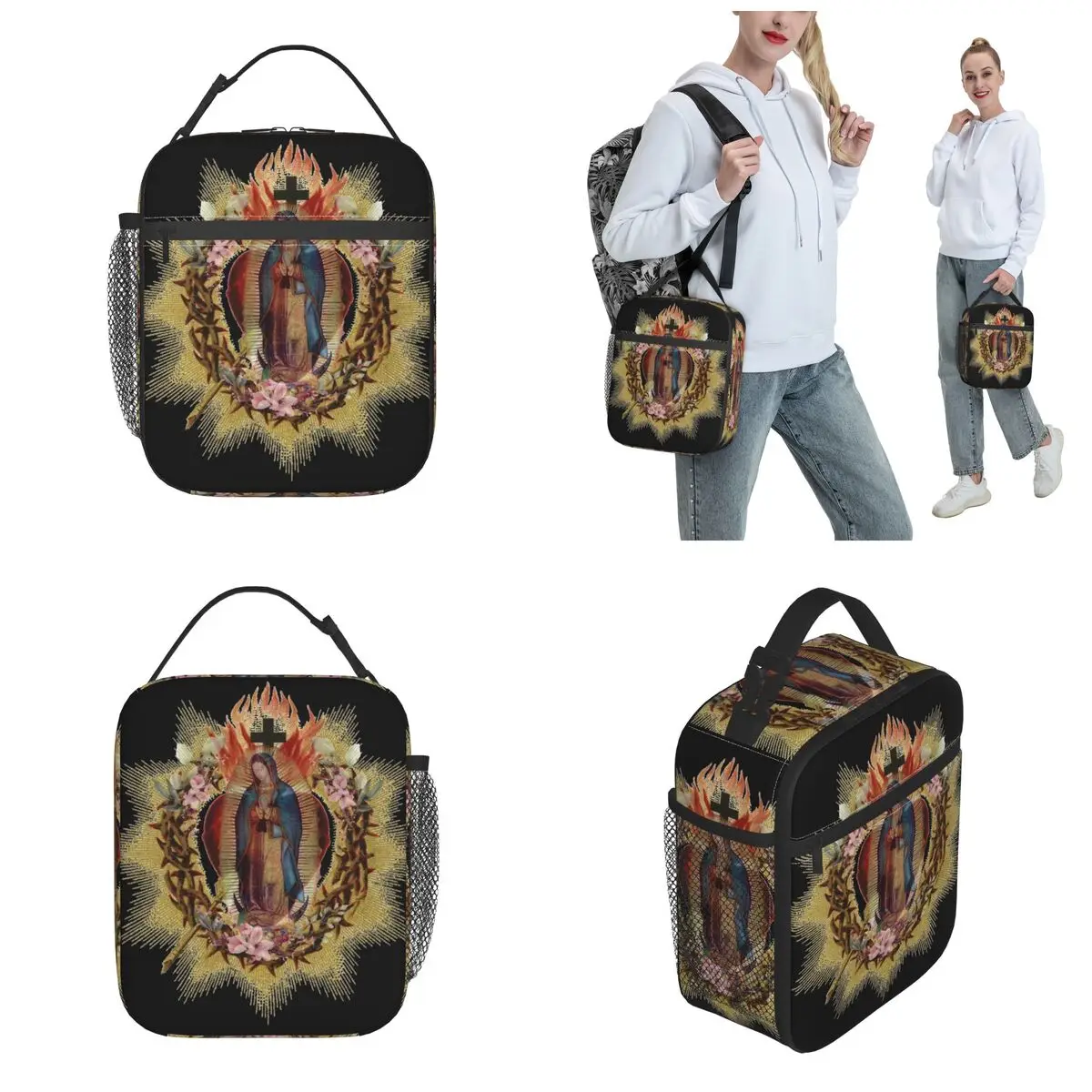 Bolsas de almuerzo aisladas, caja de comida, enfriador térmico de moda, caja Bento para la escuela, Corazón Sagrado de Jesús, Nuestra Señora de Guadalupe