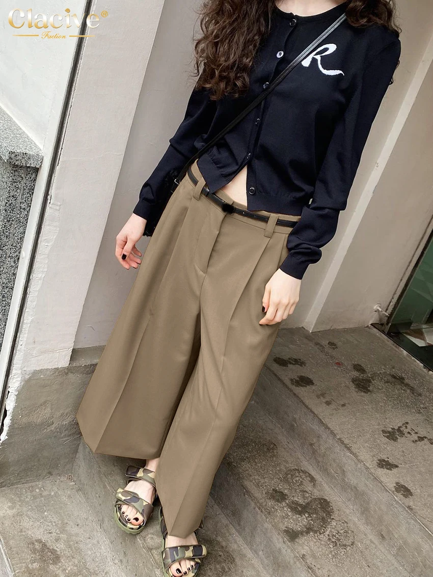 Clacive Fashion Loose Brown Women\'s Pants 2025 Casual High Waist Calf Length Trousers Elegant Classic Pants Female Clothing