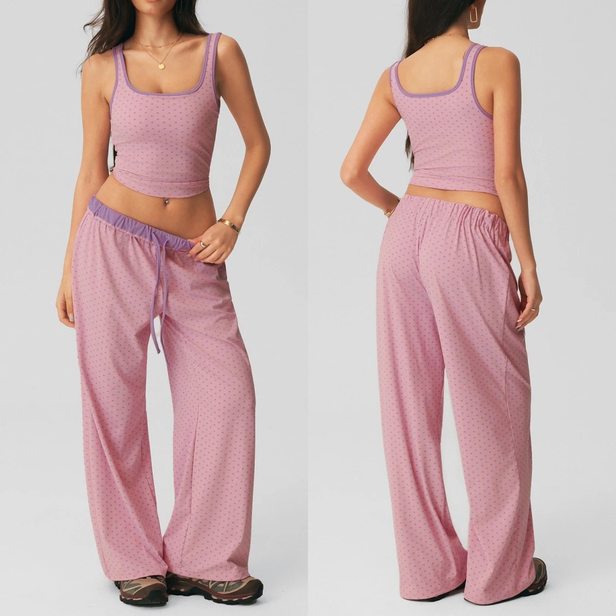 Women 2 Pcs Yoga Set Polka Dot Square Neck Crop Tank Top Drawstring Wide Leg Pants Pilates Fitness Running Casual Loungewear Set