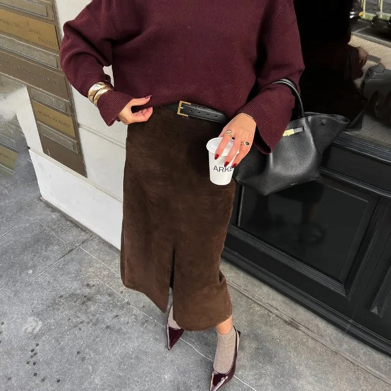 

Tornova Fashion Straight Skirt For Women Autumn Winter 2025 New Brown Mid-length Skirt hgih Waist Slim Slit Female Skirts Solid