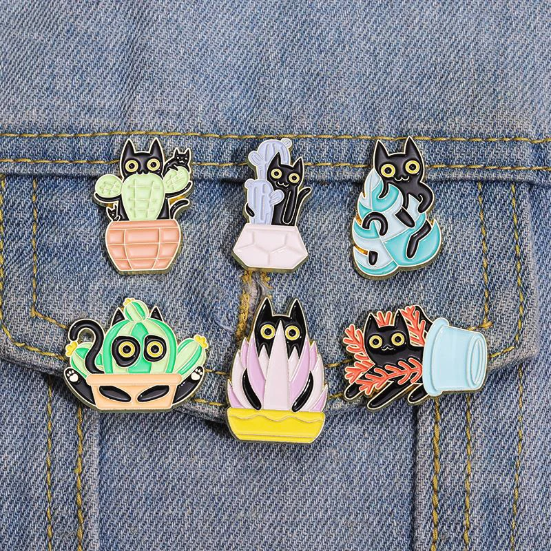 Monstera Ficus Lutea Cactus Pines Shirt Collar Lapel Badges Fun Jewelry Gift Cat in Plants Enamel Brooch Custom Black Kitten