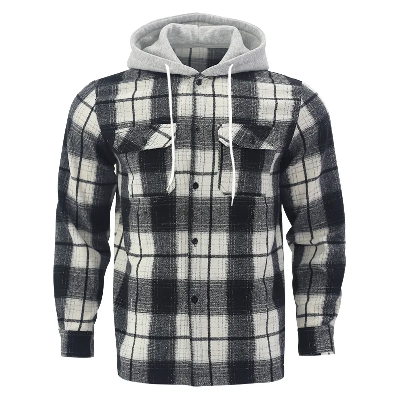 

Spring Mens Fleece Sweatshirt Vintage Plaid Printed Hooded Shirt Jacket Men Clothing Long Sleeve Button-up Fleece Cardigan Tops