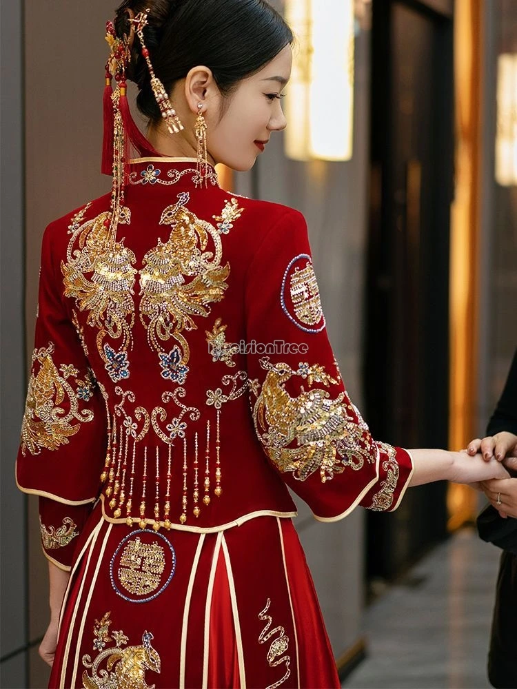 2025 gorgeous exquisite chinese bride toasting attire dainty embroidery pearl tassel garment classical elegant wedding outfit