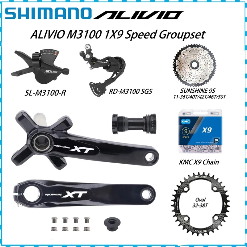 

Shimano ALIVIO M3100 9V Groupset Right Shifter RD M3100 Derailleur X9 Chain SUNSHINE 9S 46 50T Cassette Racework XT Crankset