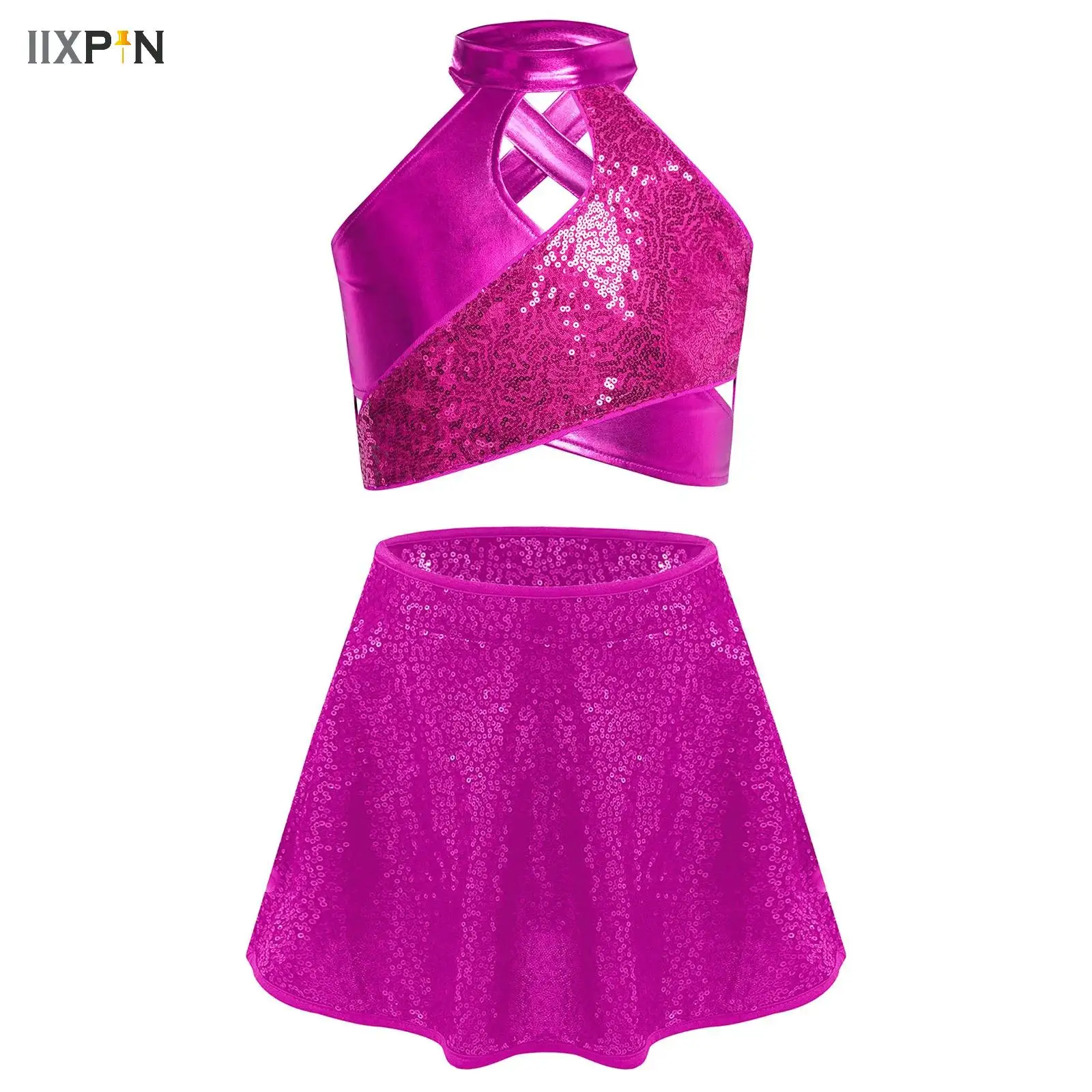 

Children Girls Shiny Sequin Jazz Latin Ballroom Dance Outfit Halter Crop Top with Skirts Dancewear Set Cheer Leader Dance Suit