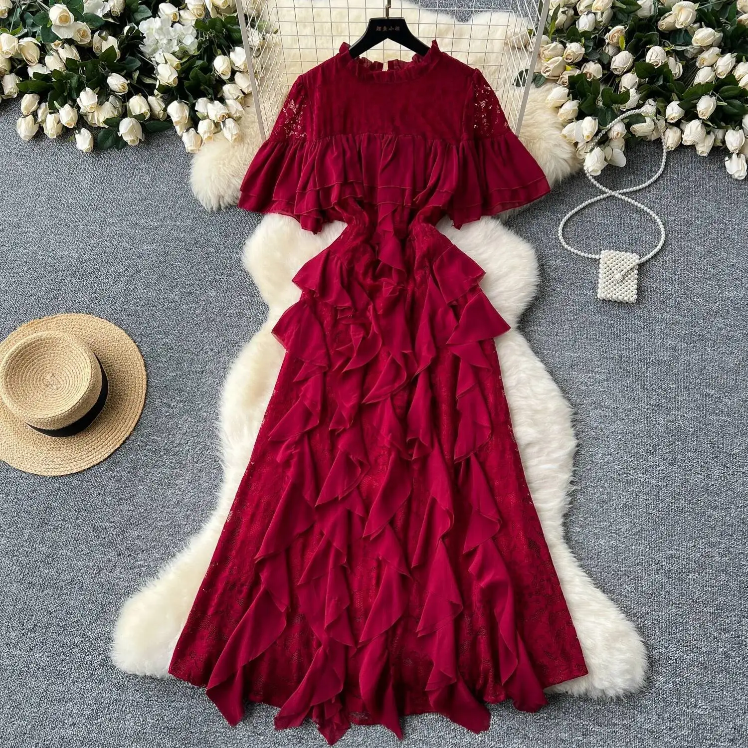 ヴィンテージエレガントなoネックパッチワークレースフリルフレアスリーブ甘いドレス女性の基本ファッション夏春ドレス