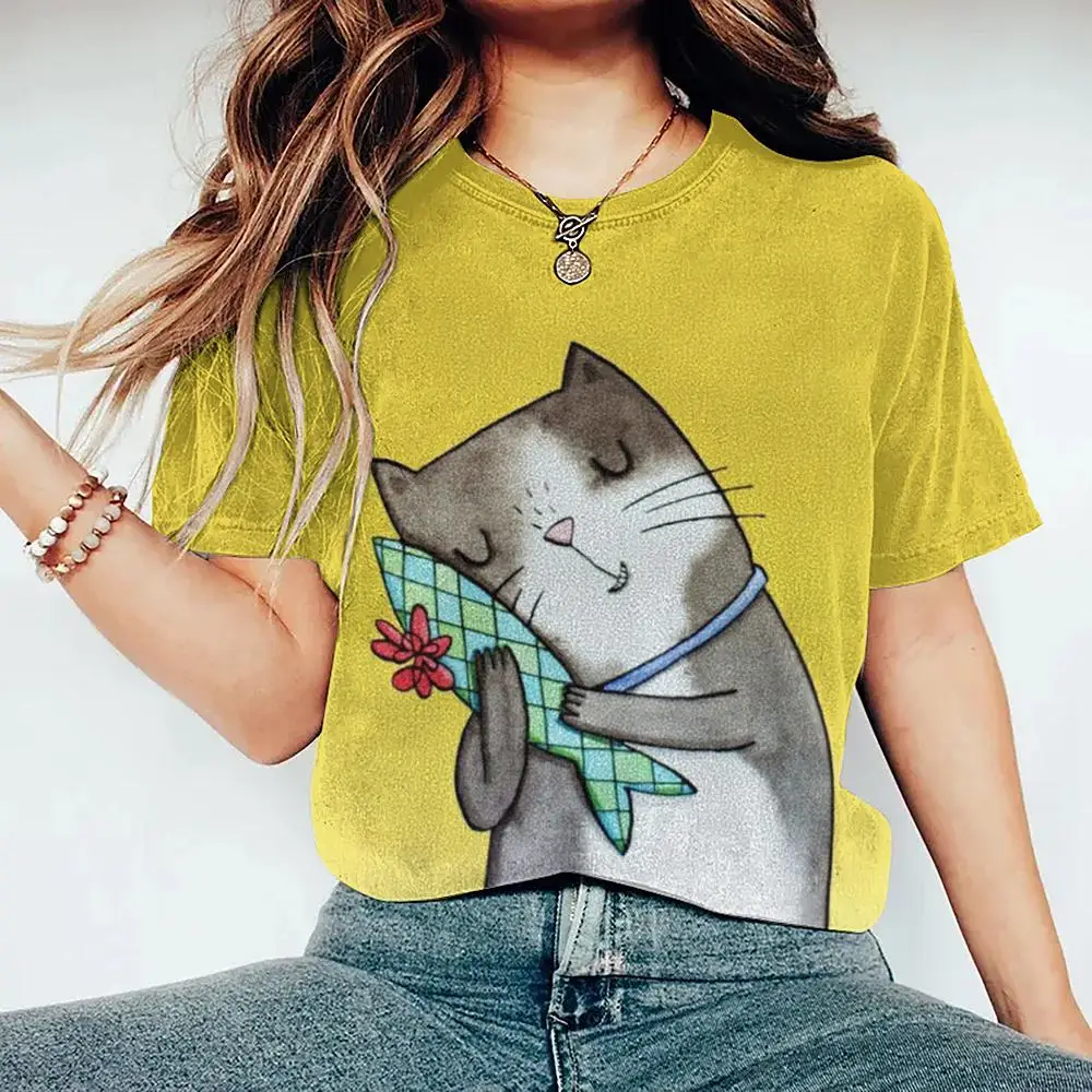Casual Short Sleeve Tee Fashion Streetwear Cute Girl Female Oversized Clothing Women's T Shirt Cartoon Cat Pattern Print