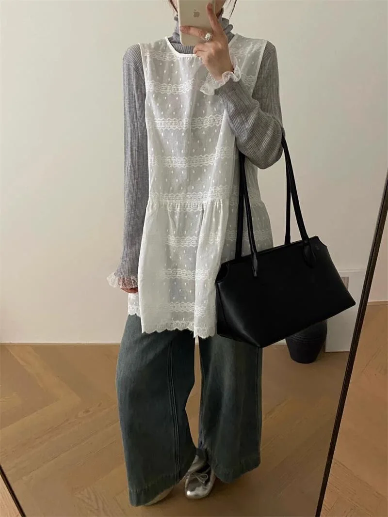 Dunne pure geborduurde witte katoenen tankjurk dames zomer korte mouwloze cover-up jurk Koreaanse schattige gelaagde kleding