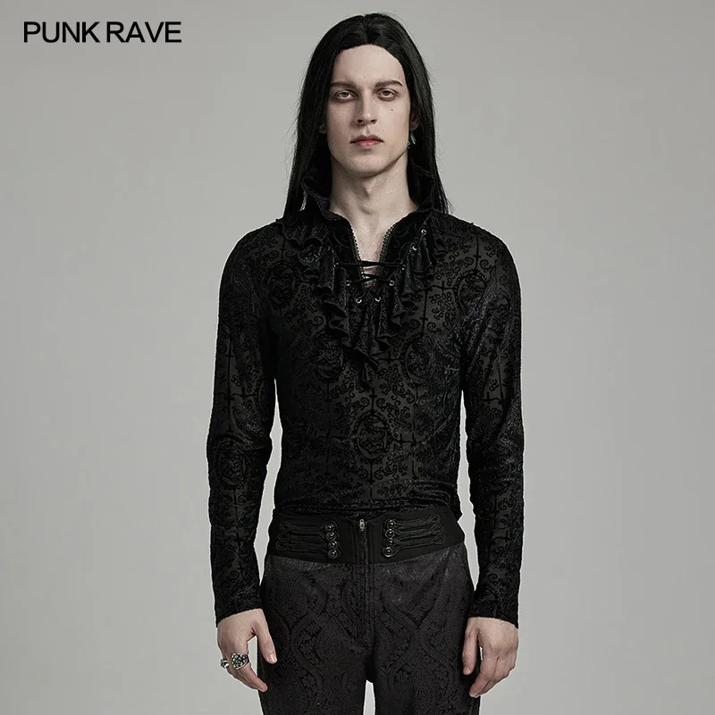 

PUNK RAVE Men's Gothic High Collar Embossed Plain Mystery Velvet T-shirt Lace Along The Edge Minimalist Style Casual Tops Tees