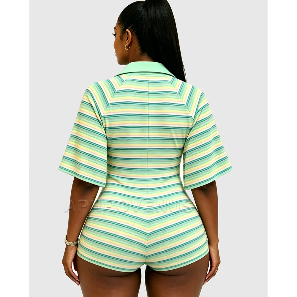 Vintage Striped Bodycon Romper Women Polo Collar Half Sleeve Deep V Butt Lifting Short Jumpsuit Holiday Beach Casual Playsuit