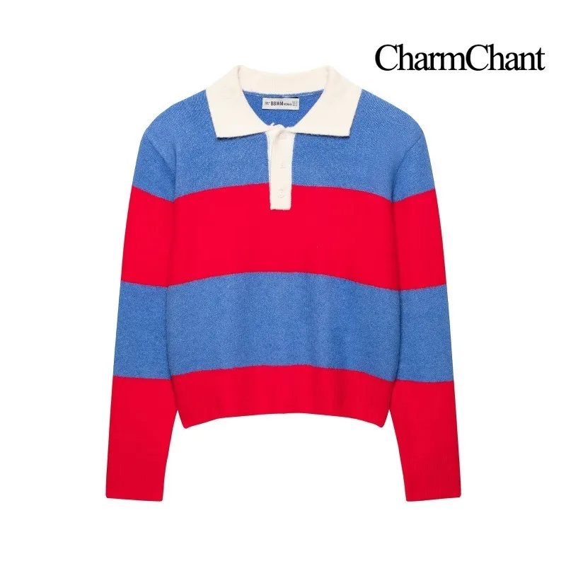 CHARMCHANT Women's Striped Polo Collar Knit Sweater Color Block Long Sleeve Cropped Pullover Casual Jumper Autumn 2026