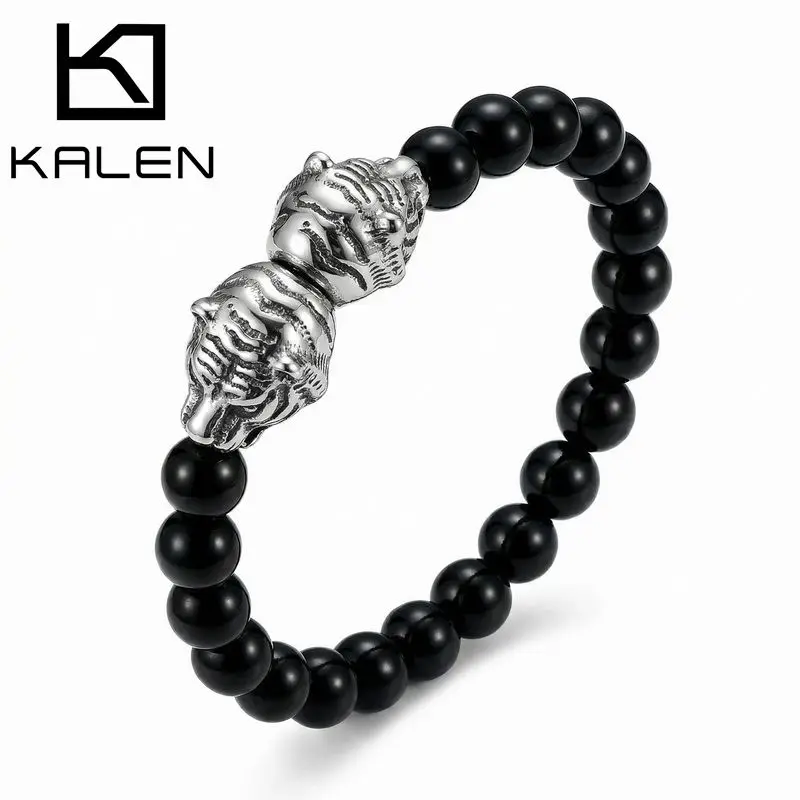 KALEN Viking-Style Men's Wolf Head Stainless Steel Bead Bracelet Glass Bead Animal Bracelet T Fashion Jewelry Graduation Gifts