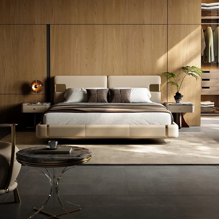 

Leather, double master bedroom, floating bed, modern minimalist, high-end first-layer cowhide bed