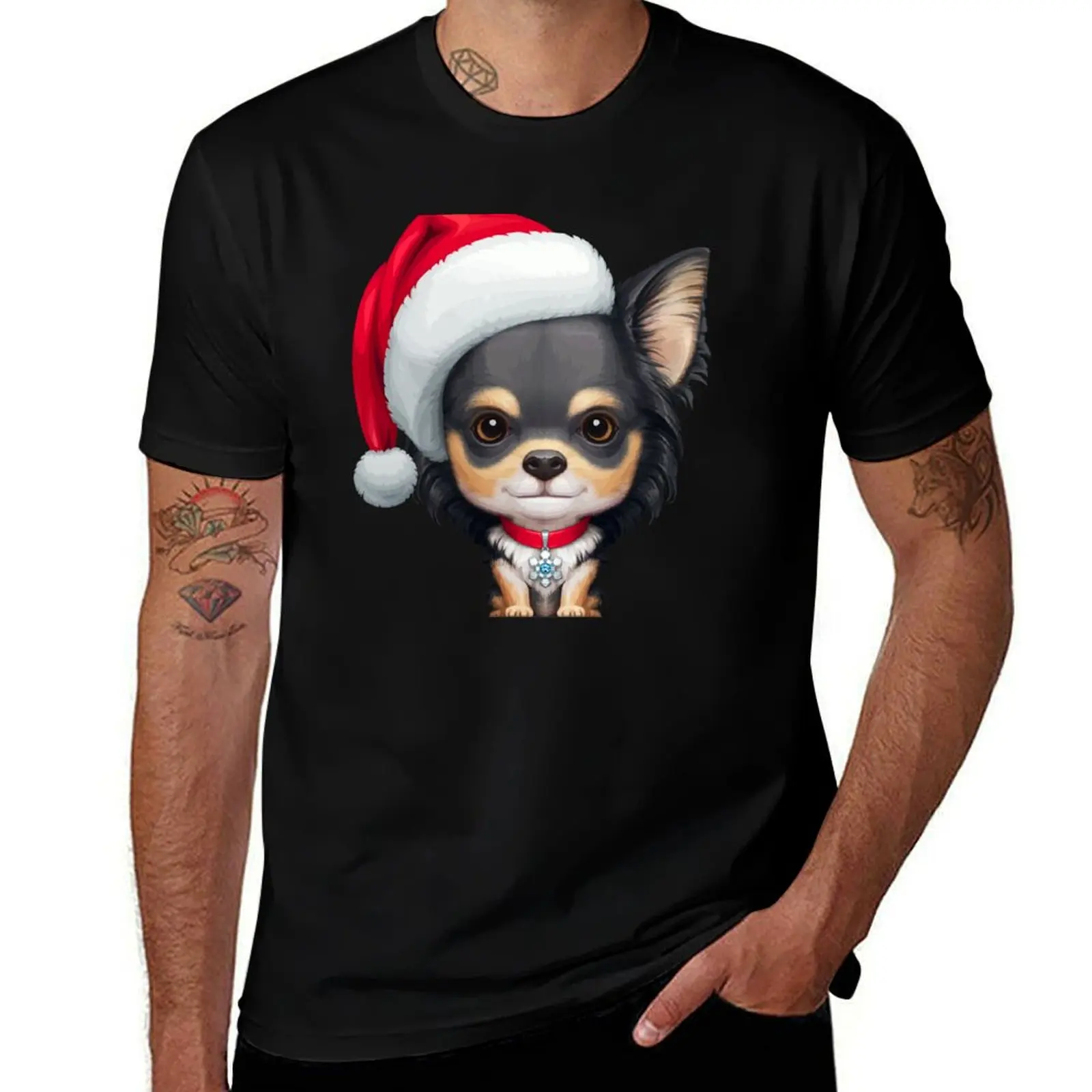 Long Coat Tricolor Chihuahua Dog Wearing Santa Hat T-Shirt man t shirt korean fashion compression shirt men