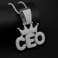 Fashion Hip Hot Zinc Alloy Paved Rhinestone Crown Necklace Men Women Luxury Letter CEO Necklace for Men Jewelry Gift for Him