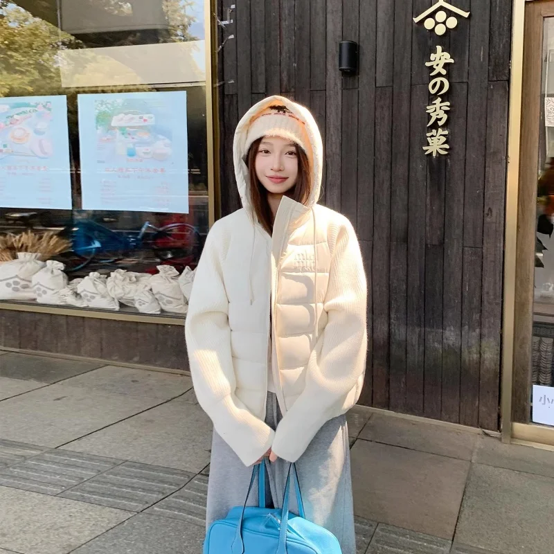 Women's Short Puffer Jacket with Knitted Sleeves & Hood, Winter Warm Sweater Texture, Casual Coat W2356