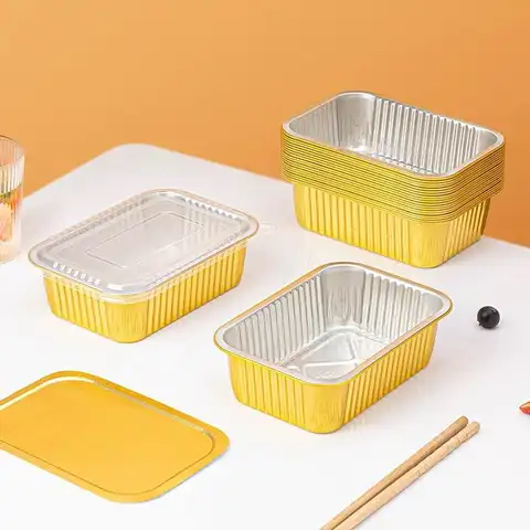 1/10개 알루미늄 호일 도시락 금색 밀봉 일회용 포장 주방 상업용 내열성 틴 종이 상자 뚜껑 포함