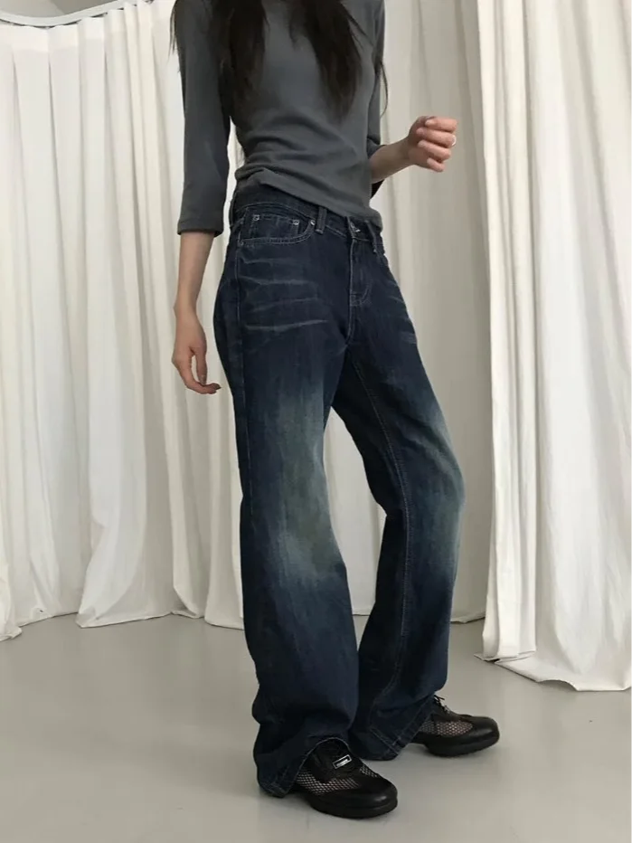 Cintura baixa k wa casual retro rua sle jeans feminino destrido fino ajuste perna reta jeans fabricante chinês