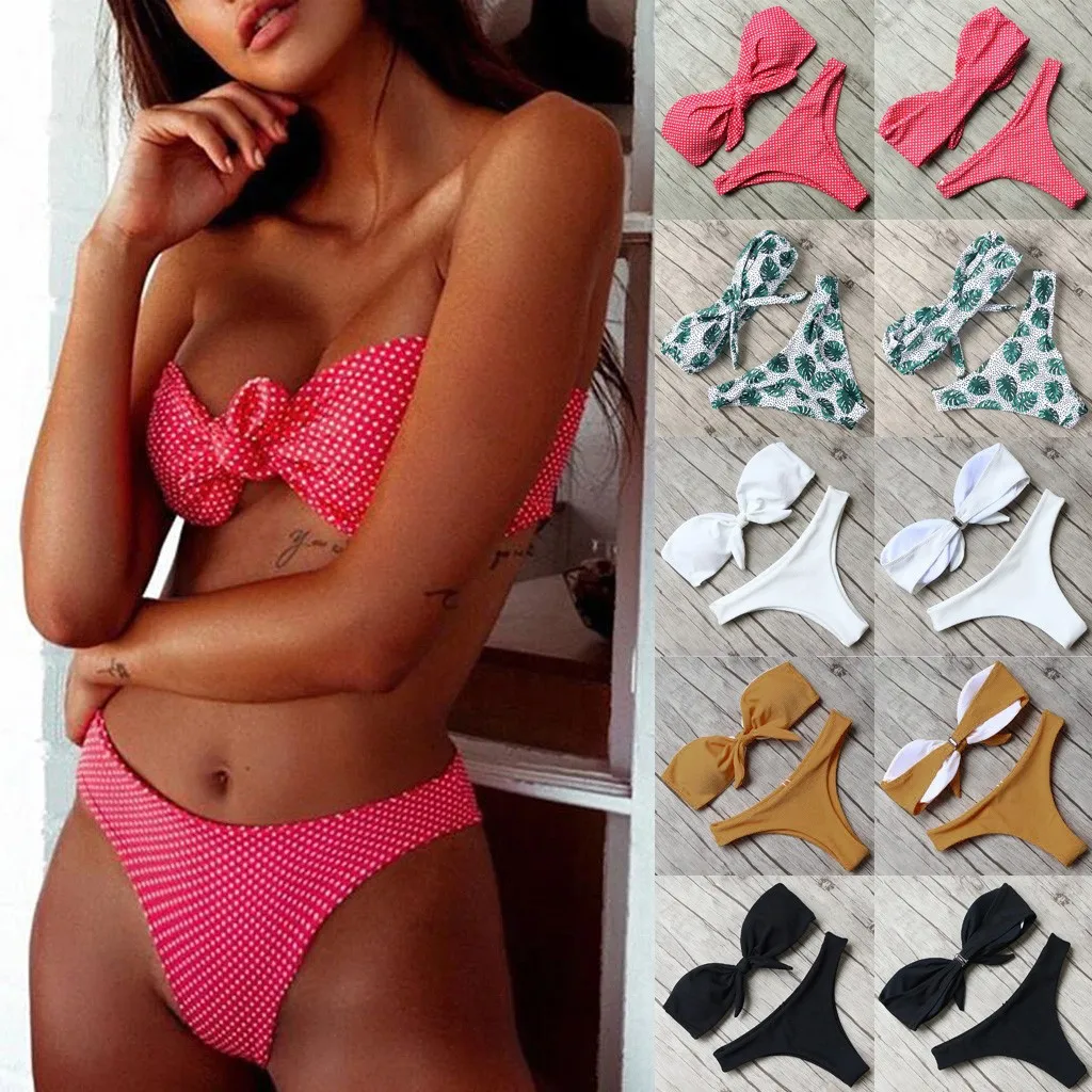 Bikini de dos piezas para mujer, traje de baño clásico de banda de Color sólido, traje de baño de vendaje con lazo, traje de baño de playa